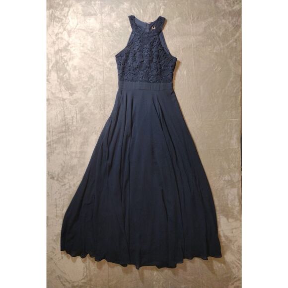 Lulus Size Small Crochet Halter Navy Blue Lace Maxi Dress Wedding Prom Formal - Picture 1 of 13